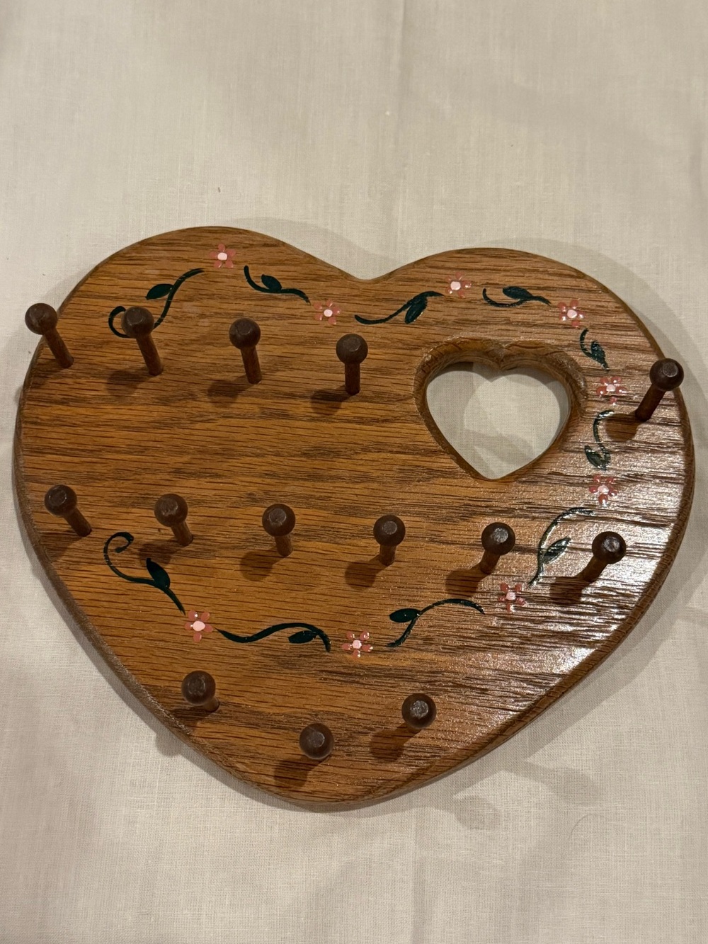 Wood Heart Peg Wall Hook Rack with Pink Floral Accents